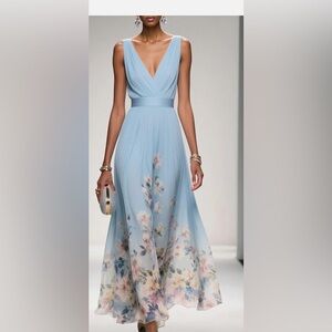Fehaute Soft Blue Floral V-Neck A-Line chiffon Maxi Dress new with tags